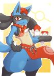  2020 acky05 ambiguous_gender anthro blue_body blue_fur blush canid canine fur hi_res looking_at_viewer lucario mammal nintendo pok&eacute;mon pok&eacute;mon_(species) pokemon_cafe_mix red_eyes simple_background smile solo video_games 