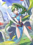  1girl bangs blue_sky boots closed_mouth cloud cloudy_sky commentary_request company_connection company_name copyright_name day earrings eyebrows_visible_through_hair fire_emblem fire_emblem:_the_blazing_blade fire_emblem_cipher gloves green_eyes green_hair holding holding_sword holding_weapon jewelry knee_boots long_hair lyn_(fire_emblem) necklace official_art outdoors pelvic_curtain petals ponytail ringozaka_mariko sheath shiny shiny_hair shiny_skin short_sleeves sky smile solo sword tied_hair weapon 