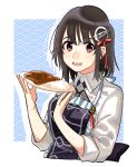  1girl black_hair brown_eyes curry curry_rice dress_shirt food haguro_(kantai_collection) hair_ornament kantai_collection long_sleeves looking_at_viewer open_mouth plate purple_apron remodel_(kantai_collection) rice sagamiso shirt short_hair sleeves_rolled_up solo upper_body white_shirt 