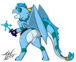  2020 absurd_res accessory alpha_channel anthro blue_body blue_eyes blue_hair blue_sclera butt dragon hair hi_res holding_object horn huff_(prate) male open_mouth prate rear_view signature simple_background smile standing tail_decoration transparent_background wings 