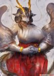  anthro antlers armwear asian_clothing asian_mythology big_breasts biped bracelet breasts brown_hair claws clothed clothing curvy_figure detached_sleeves dragon east_asian_clothing east_asian_mythology eastern_dragon female fully_clothed girlsay grey_body grey_scales hair hi_res horn huge_breasts japanese_clothing jewelry kemono long_tail looking_at_viewer miko_outfit monotone_body monotone_hair monotone_scales mythology nipple_outline non-mammal_breasts pigtails portrait red_hakama scales scalie shrine_maiden solo standing tail_mane teal_eyes three-quarter_portrait voluptuous whiskers white_haori wide_hips 