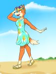  3:4 animal_crossing anthro audie_(animal_crossing) beach canid canine canis clothed clothing eyewear eyewear_on_head female footwear fully_clothed fuze hi_res mammal nintendo sandals seaside solo sundress sunglasses sunglasses_on_head video_games wolf 