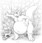  2020 3_toes 5_fingers anthro belly big_belly bodily_fluids bone curse dungeon ear_frill fingers frill_(anatomy) hand_on_stomach hi_res horn hyper hyper_belly kobold leaning_on_wall line_art looking_up male monochrome navel nude obese overweight pointy_nose scalie skull snout solo stone_wall sweat sweatdrop toddnet toes weight_gain worried 