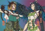  2girls :d ammunition_belt android armpits bangs bare_hips belt black_choker black_hair black_wings blue_background blue_eyes blush bob_cut breastplate breasts bright_pupils character_request choker cleavage commentary_request copyright_request cowboy_shot crazy_eyes crazy_grin crop_top evil facial_mark fangs flipped_hair gradient gradient_background gradient_hair green_belt green_serafuku green_shirt grey_ribbon hair_ornament hair_ribbon hat kantai_collection katsuragi_(kantai_collection) long_hair looking_at_viewer maya_(kantai_collection) mechanical_arm mechanical_armpits mechanical_ears mechanical_parts midriff mini_hat multicolored_hair multiple_girls navel neck_ribbon open_mouth outstretched_arms ponytail purple_background raised_eyebrow raised_eyebrows red_choker ribbon ringed_eyes sailor_collar sailor_hat school_uniform serafuku sharp_teeth shion_humine shirt short_hair skin_fangs smile spread_arms staring striped striped_ribbon studded_choker swept_bangs t-pose teeth tongue translation_request turret two-tone_hair v-shaped_eyebrows valve weapon white_pupils white_ribbon wings x_hair_ornament 