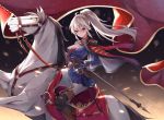  1girl ahoge banner belt black_gloves blonde_hair boots cape cavalry_sword epaulettes eyebrows_visible_through_hair fringe_trim gloves highres horse knight long_hair looking_at_viewer mane military military_uniform original pants ponytail rapier red_eyes riding saddle sheath sheathed solo sword uniform user_jnrr7424 weapon white_horse 