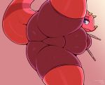  2020 animal_crossing anthro balls_outline bulge butt chameleon clothed clothing flick_(animal_crossing) frumples genital_outline hi_res horn lizard low-angle_view male nintendo perineum purple_eyes red_body red_scales red_tail reptile scales scalie signature simple_background smile solo underwear video_games 
