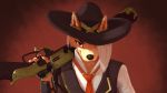  16:9 4k absurd_res alternate_species anthro anthrofied ashe_(overwatch) blizzard_entertainment canid clade clothing female fur furrification gloves gun hair hair_over_eye handwear hat headgear headwear hi_res looking_at_viewer mammal necktie one_eye_obstructed overwatch ranged_weapon red_eyes rifle solo standing topwear vest video_games weapon widescreen yellow_body yellow_fur 