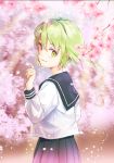  1girl bangs breasts cherry_blossoms green_eyes green_hair highres kouka_(mrakano5456) looking_at_viewer original scenery school_uniform serafuku short_hair solo 