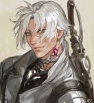  1boy bangs choker final_fantasy final_fantasy_xiv frischenq gunblade hyur jacket looking_at_viewer male_focus neck_tattoo open_clothes open_jacket short_hair silver_eyes simple_background solo tattoo thancred_waters weapon white_hair wind 