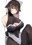  1girl absurdres azur_lane bare_shoulders black_hair black_legwear bow breasts brown_eyes cellphone chiru_(218mg) cleavage cleavage_cutout commentary_request cowboy_shot elbow_gloves gloves hair_bow highres large_breasts leotard long_hair looking_at_viewer pantyhose phone ponytail race_queen simple_background sitting solo takao_(azur_lane) takao_(full_throttle_charmer)_(azur_lane) turtleneck two-tone_leotard white_background white_bow 