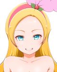  +_+ 1girl blonde_hair blue_eyes clenched_teeth collarbone hairband kirahoshi_ciel kirakira_precure_a_la_mode long_hair nude pink_hairband precure simple_background smile solo teeth upper_body white_background yonekura_hisaki 