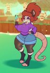  absurd_res anthro backpack big_breasts bottomwear breasts card clothing crema_(company) didelphid eyeshadow female hair hi_res hoodie makeup mammal marsupial pinup pose purple_eyeshadow red_hair shorts stunnerpony tania_(stunnerpone) temtem topwear video_games virginia_opossum 