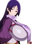  1girl bangs blush bodysuit breasts closed_mouth fate/grand_order fate_(series) high_collar highres huge_breasts jabara_tornado long_hair long_sleeves looking_at_viewer minamoto_no_raikou_(fate/grand_order) parted_bangs purple_bodysuit purple_eyes purple_hair ribbed_sleeves rope simple_background smile tabard very_long_hair white_background 