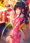  1girl :d akagi_(warship_girls_r) arm_up back_bow bangs black_hair blurry blurry_background bow breasts brown_bow brown_eyes cellphone character_request cherry_blossom_print commentary_request depth_of_field eyebrows_visible_through_hair fan floral_print flower hair_flower hair_ornament highres holding holding_hand holding_phone japanese_clothes kimono long_sleeves looking_at_viewer looking_to_the_side medium_breasts night obi open_mouth out_of_frame outdoors paper_fan phone pink_flower pink_kimono print_kimono sash sidelocks smile solo_focus stall summer_festival uchiwa warship_girls_r wide_sleeves xiaoyin_li 