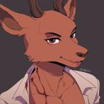  1:1 anthro beastars bite blood bodily_fluids brown_body brown_eyes brown_fur bust_portrait cervid clothed clothing fur grey_background hi_res humanoid looking_at_viewer louis_(beastars) male mammal narrowed_eyes neck_bite open_shirt portrait romantic_ambiance selpuku shirt simple_background smile snout solo topwear white_clothing white_shirt white_topwear 