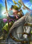  1boy arrow arrow_(projectile) bandana bird boots bow_(weapon) earrings fire_emblem fire_emblem_cipher green_eyes green_hair hawk horse jewelry leaf official_art quiver sin_(fire_emblem) sky solo sparkle tree weapon 