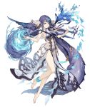  1girl absurdly_long_hair anklet aqua_eyes barefoot bow_(instrument) eyebrows_visible_through_hair fins full_body instrument jewelry ji_no long_hair looking_at_viewer music ningyo_hime_(sinoalice) official_art playing_instrument purple_hair see-through sinoalice solo transparent_background very_long_hair violin water 