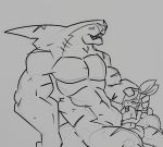  abstract_background anthro balls big_balls big_penis butt duo fellatio female fin fish genitals hi_res lagomorph leporid male male/female mammal marine monochrome muscular muscular_male open_mouth oral penile penis rabbit scar sex shark sharp_teeth size_difference sketch teeth thekitsuubi 