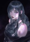  1girl bangs bare_shoulders black_dress black_hair blue_eyes dress final_fantasy final_fantasy_xiv frischenq gaia_(ff14) gothic halter_dress lips long_hair looking_at_viewer red_lips shoulder_cutout simple_background solo upper_body 