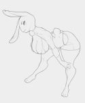  anthro bent_over big_breasts breasts cleavage clothed clothing conditional_dnp ear_piercing ear_ring female hi_res huge_breasts lagomorph leporid long_ears mammal monochrome piercing rabbit simple_background skimpy solo visible_thong white_background wide_hips xopachi 
