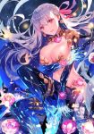  1girl arm_under_breasts armlet armor bangs bikini_armor breasts cleavage collar commentary_request earrings fate/grand_order fate_(series) floating_hair flower foot_out_of_frame hair_between_eyes highres jewelry kama_(fate/grand_order) large_breasts light_particles long_hair looking_at_viewer metal_collar navel open_mouth pink_ribbon red_eyes ribbon rioka_(southern_blue_sky) shoulder_armor silver_hair sitting smile solo star_(sky) thighlet very_long_hair 