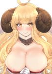  1girl ahoge akano_yomi anila_(granblue_fantasy) areola_slip areolae bangs bare_shoulders blonde_hair blunt_bangs blush breasts cleavage closed_mouth collarbone draph eyebrows eyebrows_visible_through_hair gloves granblue_fantasy highres horns large_breasts lips long_hair looking_at_viewer sheep_horns short_eyebrows simple_background solo sweat thick_eyebrows upper_body very_long_hair white_background white_gloves yellow_eyes 