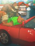  2020 anthro arufina_w belly blush bottomwear canid canine canis car clothing detailed_background domestic_dog group hi_res kemono male male/male mammal moobs outside overweight overweight_male sex shirt shorts topwear ursid vehicle 