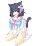  1girl animal_ear_fluff animal_ears bangs black_hair blue_shirt blush bow cat_ears cat_girl cat_tail commentary_request copyright_request dress dress_lift eyebrows_visible_through_hair full_body hair_between_eyes hair_bow hand_up highres lifted_by_self long_hair long_sleeves looking_at_viewer no_shoes open_mouth pink_bow pink_neckwear pleated_dress red_eyes sailor_collar sakuraba_hikaru_(loveindog) shirt simple_background sleeves_past_fingers sleeves_past_wrists socks solo tail tail_raised white_background white_dress white_legwear white_sailor_collar 