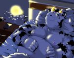  2020 absurd_res anthro bed bedding belly blanket detailed_background eyes_closed felid furniture hi_res kemono lying male mammal moobs moonwhitetiger night nipples overweight overweight_male pantherine phone pillow sleeping solo tiger 
