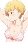  1girl armpits arms_behind_head arms_up bangs bare_arms bare_shoulders blonde_hair blunt_bangs bow bow_bra bra breasts brown_eyes cleavage closed_mouth collarbone commentary_request earrings eyebrows_visible_through_hair floral_print frilled_bra frills fukuda_noriko highres hiroki_(yyqw7151) idolmaster idolmaster_million_live! jewelry lace lace-trimmed_bra light_blush looking_away looking_to_the_side medium_breasts pink_bow pink_bra print_bra short_hair simple_background smile solo strap_pull underwear underwear_only upper_body white_background 