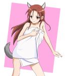  1girl animal_ears blush breasts cleavage closed_mouth collarbone dog_ears dog_tail eyebrows_visible_through_hair feet_out_of_frame large_breasts long_hair looking_at_viewer minna-dietlinde_wilcke monousa naked_towel red_eyes red_hair shiny shiny_hair shiny_skin simple_background smile solo standing strike_witches tail towel world_witches_series 