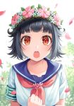  artist_name bang_dream! bangs black_hair blue_sailor_collar blunt_bangs blurry blurry_background blush collarbone cosplay crossover eyebrows_visible_through_hair flower head_wreath messy_hair minori_(faddy) petals plant red_eyes red_neckwear safety_pin sailor_collar school_uniform shirt short_hair short_sleeves to_aru_kagaku_no_railgun to_aru_majutsu_no_index uiharu_kazari uiharu_kazari_(cosplay) ushigome_rimi white_shirt 