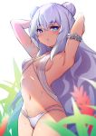  +_+ 1girl arm_garter armpits arms_behind_head arms_up azur_lane backlighting bangs bare_shoulders bikini blue_eyes blush breasts collarbone double_bun halterneck highres le_malin_(azur_lane) le_malin_(wednesday&#039;s_retreat)_(azur_lane) long_hair looking_at_viewer navel parted_lips silver_hair small_breasts swimsuit symbol-shaped_pupils tgh326 very_long_hair white_bikini 