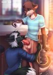  anthro anthro_on_anthro anthro_penetrated anthro_penetrating anthro_penetrating_anthro black_nose blue_eyes brown_body brown_fur canid canine detailed_background duo eyewear fox fur glasses kammi-lu knot lutrine male male/male male_penetrated male_penetrating male_penetrating_male mammal mustelid oral penetration red_fox silver_fox whiskers 