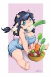  2017 animal_humanoid bella_(krakenparty) big_breasts black_hair blue_eyes bovid bovid_humanoid bovine bovine_humanoid bowl breasts carrot cattle_humanoid clothed clothing english_text eyebrow_through_hair eyebrows eyelashes female food freckles fruit hair horn humanoid krakenparty leek long_hair looking_at_viewer mammal mammal_humanoid nom onion overalls partially_clothed plant signature simple_background sitting solo spots text tomato traditional_media_(artwork) translucent translucent_hair vegetable 