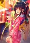  1girl :d akagi_(warship_girls_r) back_bow bangs black_hair blurry blurry_background bow breasts brown_bow brown_eyes character_request cherry_blossom_print depth_of_field eyebrows_visible_through_hair fan floral_print flower hair_flower hair_ornament hand_up highres holding_hand japanese_clothes kimono long_sleeves looking_at_viewer looking_to_the_side medium_breasts night obi open_mouth out_of_frame outdoors paper_fan pink_flower pink_kimono pointing print_kimono sash sidelocks smile solo_focus stall summer_festival uchiwa warship_girls_r wide_sleeves xiaoyin_li 