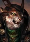  2020 ambiguous_gender armor brown_body brown_fur charr digital_media_(artwork) eye_patch eyewear fangs felid feline fur guild_wars headshot_portrait hi_res horn mammal pauldron portrait video_games white_body white_fur wolnir yellow_eyes 