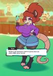  absurd_res anthro backpack big_breasts bottomwear breasts card clothing crema_(company) dialogue didelphid english_text eyeshadow female hair hi_res hoodie makeup mammal marsupial pinup pose purple_eyeshadow red_hair shorts stunnerpony tania_(stunnerpone) temtem text topwear video_games virginia_opossum 