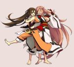  2girls baiken belt bike_shorts breasts brown_hair cleavage feet fingerless_gloves gloves grey_background guilty_gear guilty_gear_xrd hair_between_eyes jako_(toyprn) japanese_clothes kimono large_breasts long_hair looking_at_another may_(guilty_gear) multiple_girls one_eye_closed parted_lips pink_hair sash scar scar_across_eye simple_background 