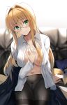  1girl bangs black_legwear blonde_hair blue_ribbon blush breasts buttons collarbone collared_shirt couch cowboy_shot eyebrows_visible_through_hair glasses green_eyes hair_between_eyes hair_intakes hair_ribbon hand_on_own_chest head_tilt highres large_breasts long_hair long_sleeves looking_at_viewer navel nikek96 open_clothes panties pantyhose parted_lips ribbon see-through shirt solo tearju_lunatique teeth to_love-ru to_love-ru_darkness unbuttoned unbuttoned_shirt underwear very_long_hair white_panties white_shirt white_sleeves 
