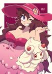  1girl alcremie alcremie_(strawberry_sweet) alcremie_(vanilla_cream) breasts brown_hair chichibu_(chichichibu) cleavage commission cowboy_shot droplet flower gen_8_pokemon hat hat_flower highres large_breasts long_hair one_eye_closed outline pink_headwear pokemon pokemon_(creature) pokemon_(game) purple_eyes solo w white_outline 