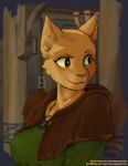  anthro bethesda_softworks breasts brown_eyes clothed clothing detailed_background felid female fur hi_res jewelry katia_managan khajiit mammal necklace prequel pwnagespartan signature smile solo text the_elder_scrolls url video_games webcomic whiskers yellow_body yellow_fur 