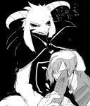  ambiguous_gender anthro asriel_dreemurr_(god_form) bodily_fluids bottomless bovid caprine clothed clothing duo erection eyes_closed genitals greyscale head_grab hi_res holding_penis human imminent_rape japanese_text jewelry male mammal meisaikawaii monochrome necklace penis protagonist_(undertale) shirt sweat sweatdrop text topwear translation_request undertale vein veiny_penis video_games young 