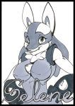  2010 badge black_and_white black_border black_eyes border chest_spike english_text eyebrows eyelashes fangs female happy looking_at_viewer lucario monochrome nintendo pok&eacute;mon pok&eacute;mon_(species) simple_background smile solo spikes text traditional_media_(artwork) video_games white_background zillford 