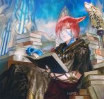  1boy animal_ears bangs book book_stack cat_ears crystal_exarch cup final_fantasy final_fantasy_xiv frischenq g&#039;raha_tia hair_over_one_eye looking_at_viewer male_focus miqo&#039;te open_book parted_bangs red_eyes red_hair short_hair sitting solo teacup 