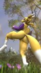  2019 3d_(artwork) 9:16 anthro big_tail butt canid canine digimon digimon_(species) digital_media_(artwork) female flower fox fur genitals grass hi_res looking_at_viewer mammal mizumi1986 multicolored_body multicolored_fur nude plant pussy renamon solo source_filmmaker surprised_expression teeth tree white_body white_fur yellow_body yellow_fur 