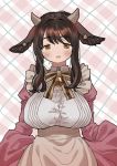  1girl :d absurdres animal_ears apron bangs bell black_hair blush breasts brown_eyes brown_hair button_gap dress eyebrows_visible_through_hair goat_ears goat_girl goat_horns highres horizontal_pupils horns huge_filesize juliet_sleeves large_breasts long_hair long_sleeves looking_at_viewer maid_apron open_mouth original plaid plaid_background puffy_sleeves smile solo striped striped_neckwear upper_body zinbei 