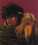  1boy animal blue_eyes headband highres official_art parn record_of_lodoss_war red_background red_eyes scan short_hair simple_background yuuki_nobuteru 