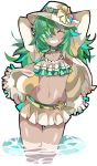  1girl arms_behind_head closed_eyes dark_skin enpe flower granblue_fantasy green_hair grin hair_flower hair_ornament hair_over_one_eye hat hat_flower highres kolulu_(granblue_fantasy) navel smile wading water 