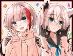  2girls :d admiral_graf_spee_(azur_lane) animal_ears aqua_eyes azur_lane bangs black_gloves black_hair blush border brown_border commentary_request detached_sleeves eyebrows_visible_through_hair eyes_visible_through_hair fox_ears fox_shadow_puppet gloves highres hime_cut kawakaze_(azur_lane) lips long_hair long_sleeves looking_at_viewer multicolored_hair multiple_girls neckerchief ok_sign open_mouth red_hair ryou_(ryo_217cafe) sidelocks simple_background smile tail upper_body v white_background white_hair 